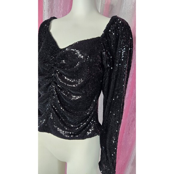 Express Black Sequin Rouched Stretch Evening Blouse Size Large - Picture 3 of 16